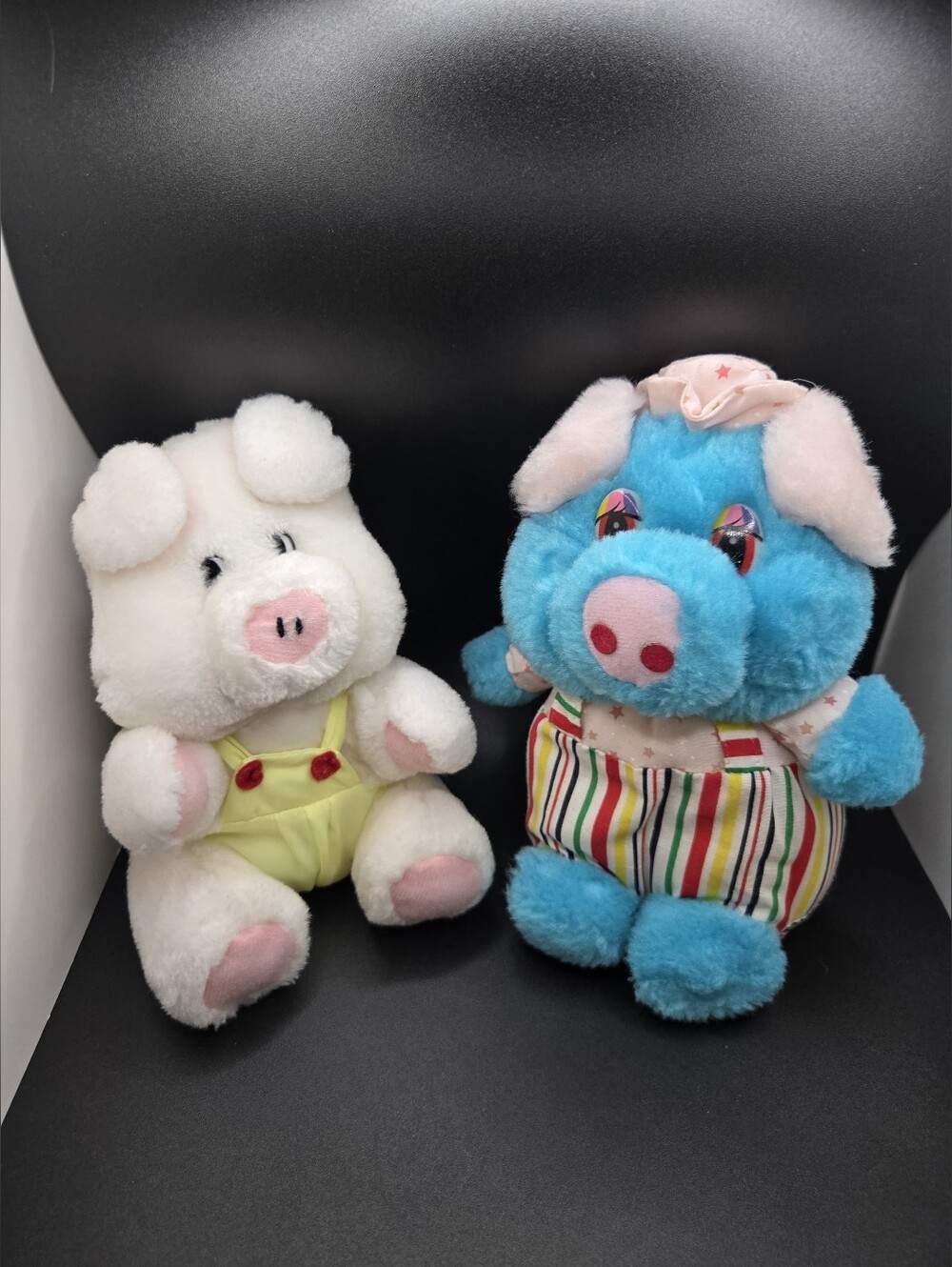 Vintage Plush Pig Pair - White & Blue with Pastel Accents